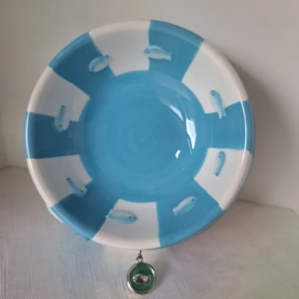 Cat Bowl Ceramic, Round Food Bowl, Pre-owned Great Condition, Blue & White Shiny